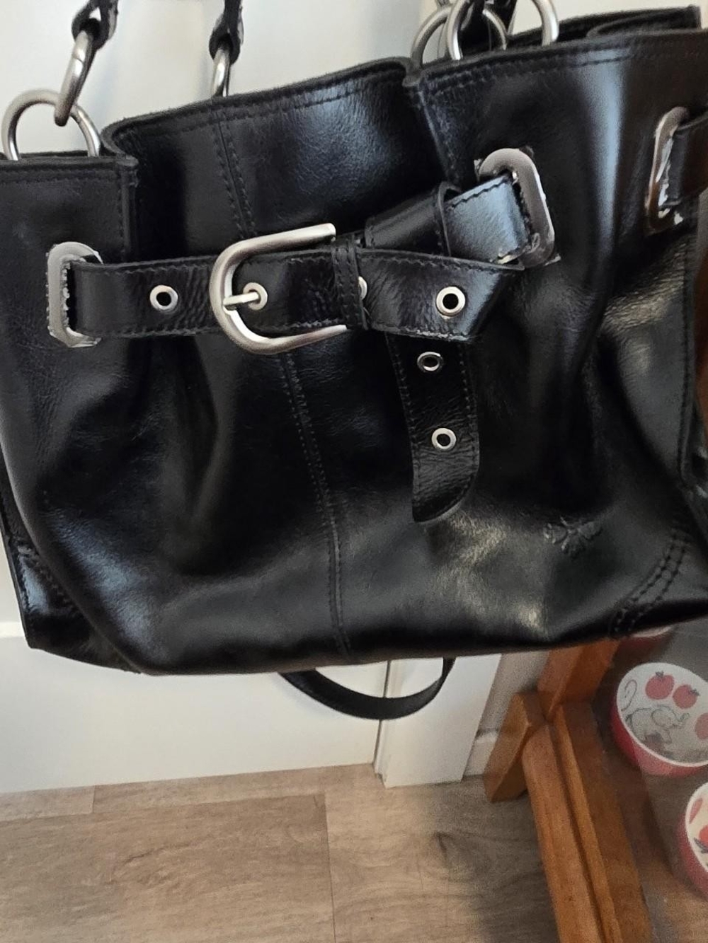 Patricia Nash Black Smooth Leather Tote with Gold Script Logo